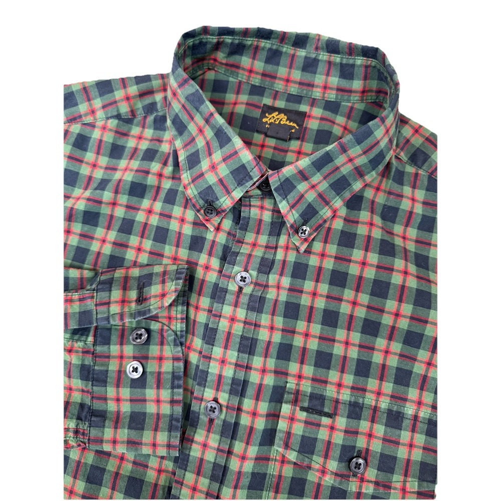 LL Bean Button Down Plaid Shirt Long Sleeve Casual Green Red Size M